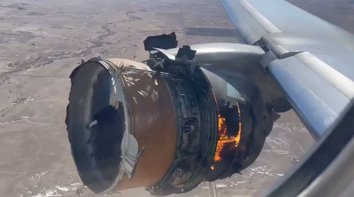Boeing 777 engine explosion and debris falling from the sky over Denver in USA