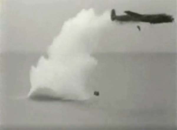 Dropping a bouncing bomb, being hit by the water spray