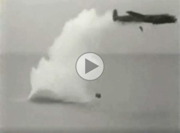 Dropping a bouncing bomb, being hit by the water spray